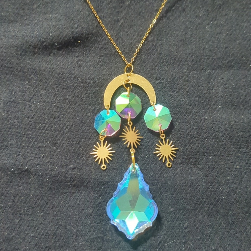 Gold Tone Star Burst Moon Clear Faceted Crystal Pendant Statement Necklace